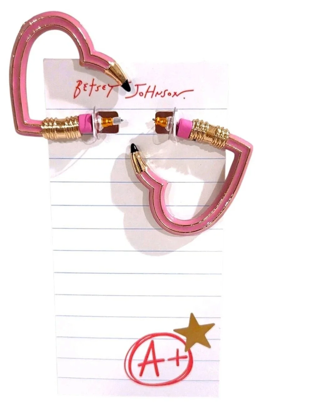 BETSEY JOHNSON Best In Class Pink Heart Pencil  Huggie Earrings, NEW WITH TAGS